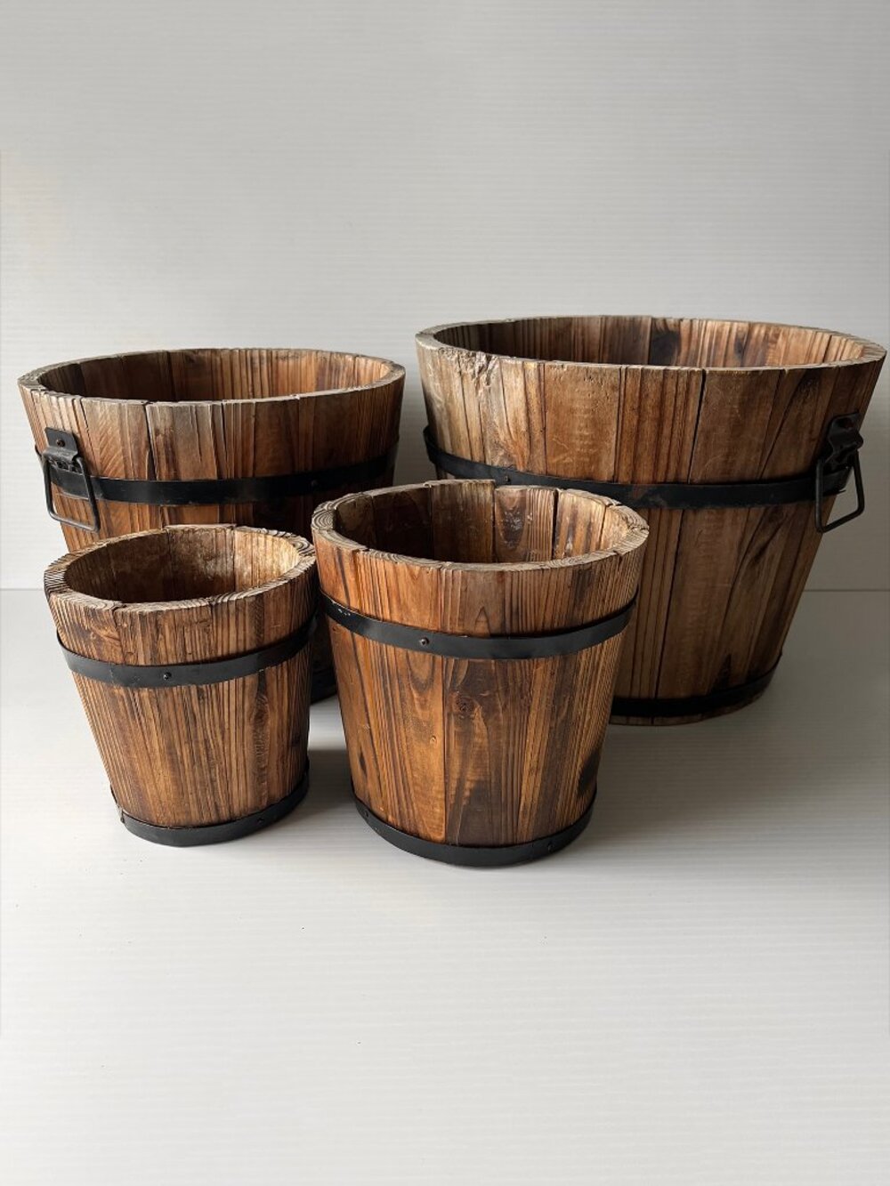 Set of 4 Vintage Rustic Wooden Barrel Planters w/ Drainage Hole